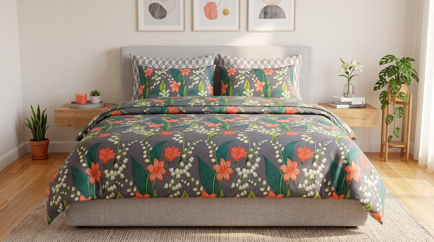 Charcoal Lily of the Valley Duvet Cover Set