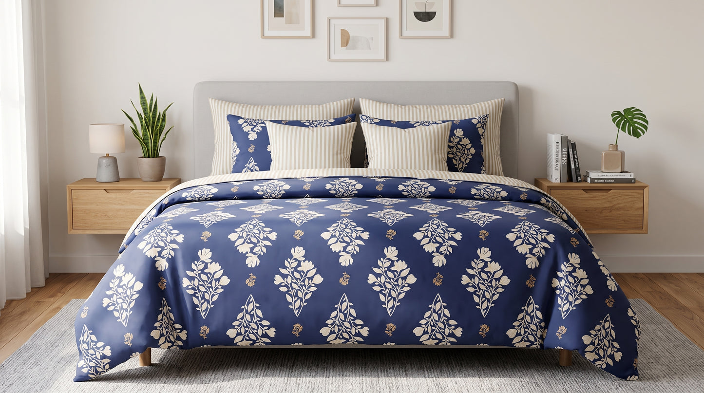 Navy Floral Damask Duvet Cover Set