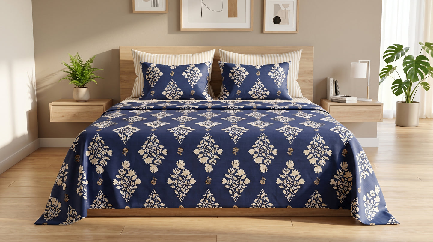 Navy Floral Damask Bed Sheet Set