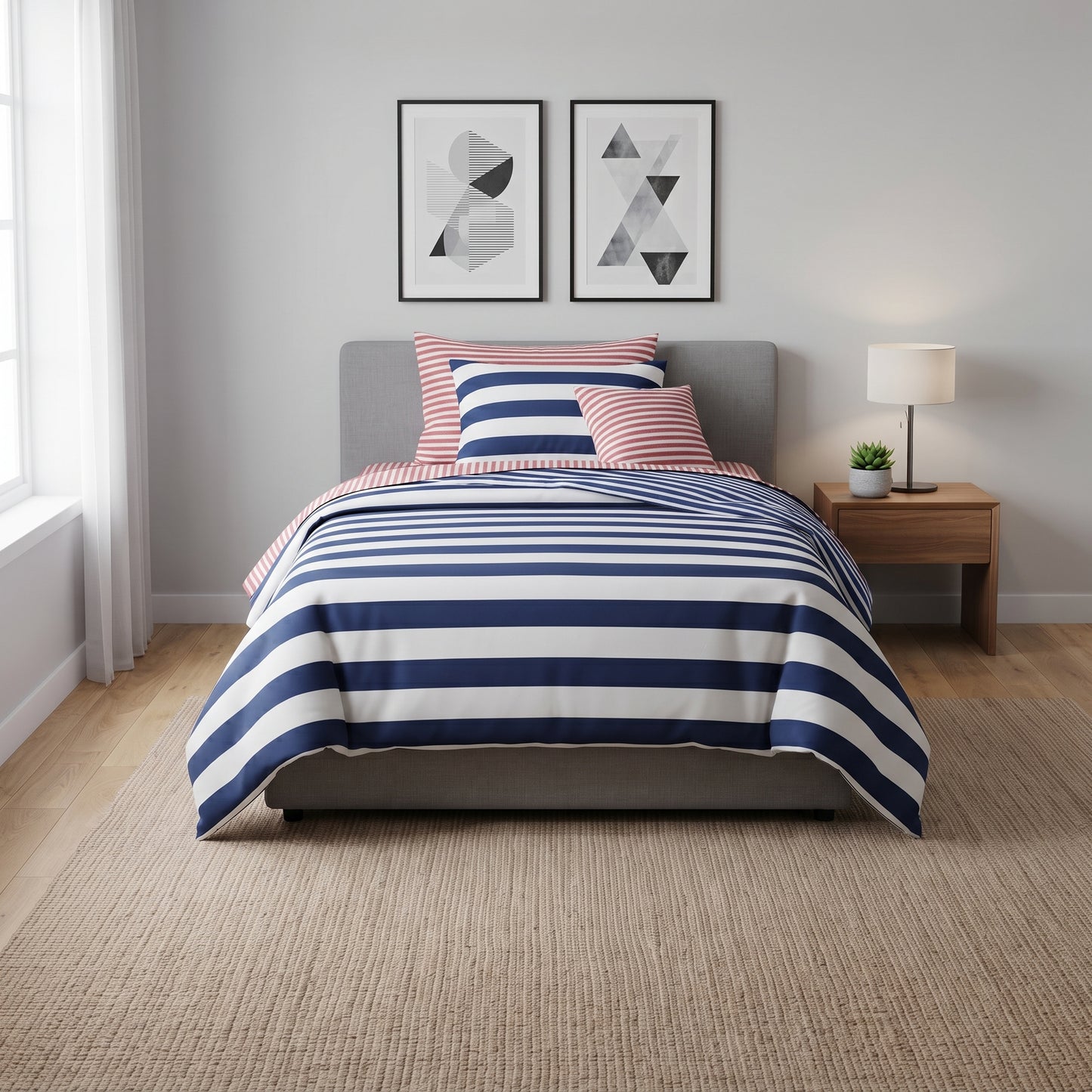Harbor Blue & Coral Percale Bedding Single Size Set