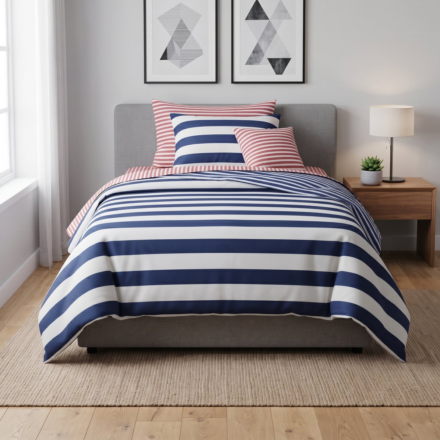 Harbor Blue & Coral Percale Bedding Single Size Set