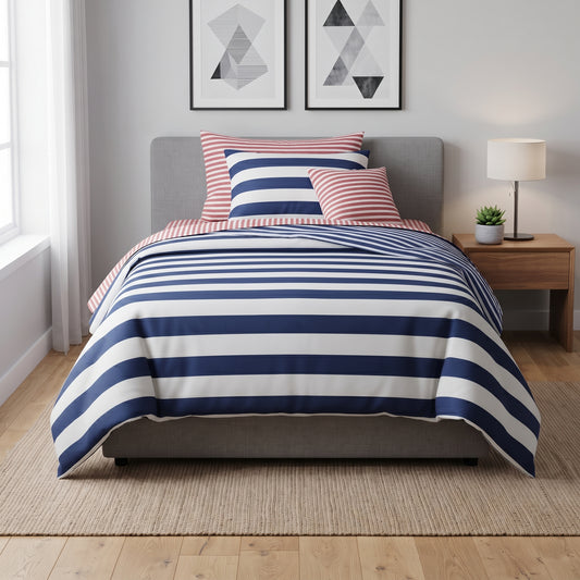 Harbor Blue & Coral Percale Bedding Single Size Set