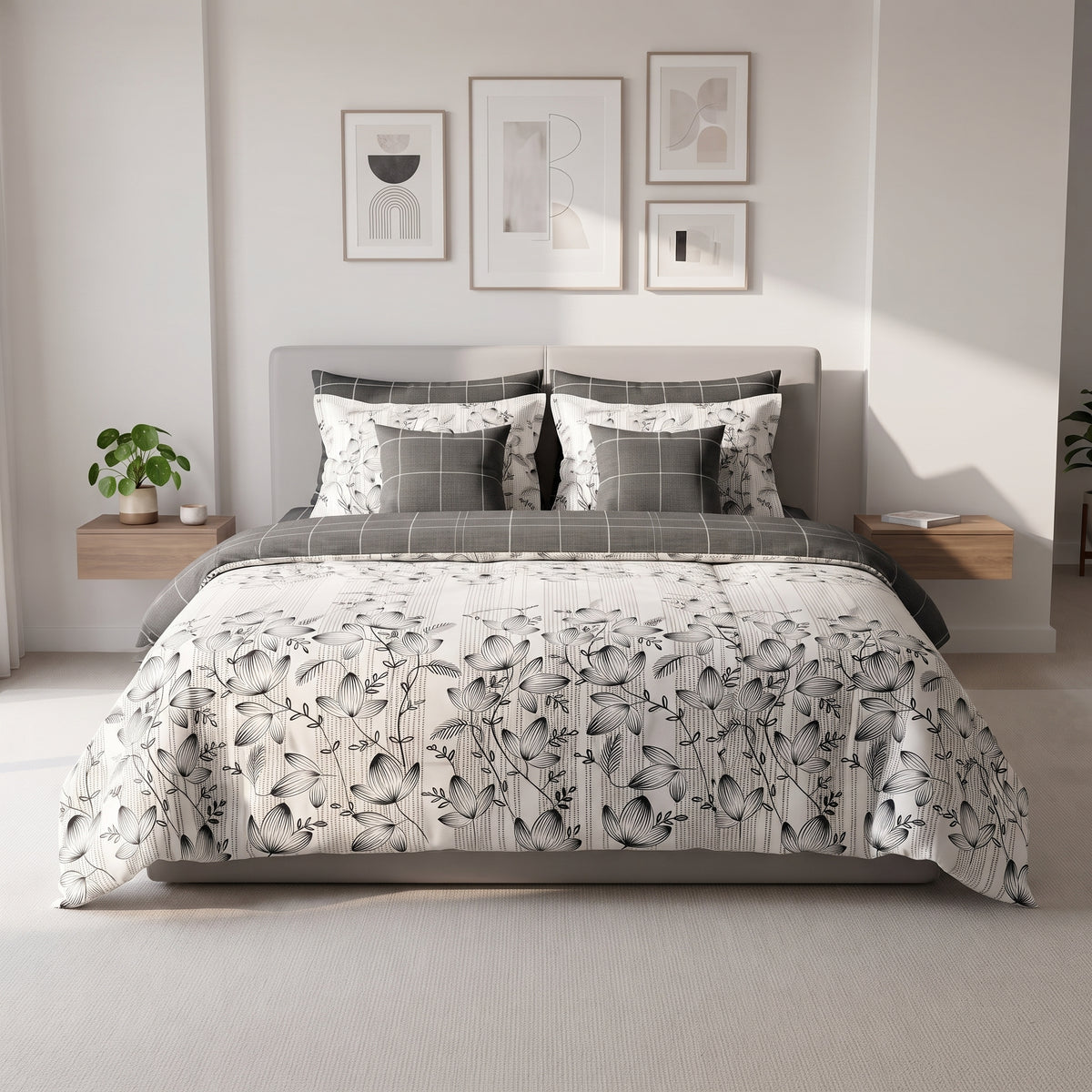 Charcoal Grid & Vine Comforter Set