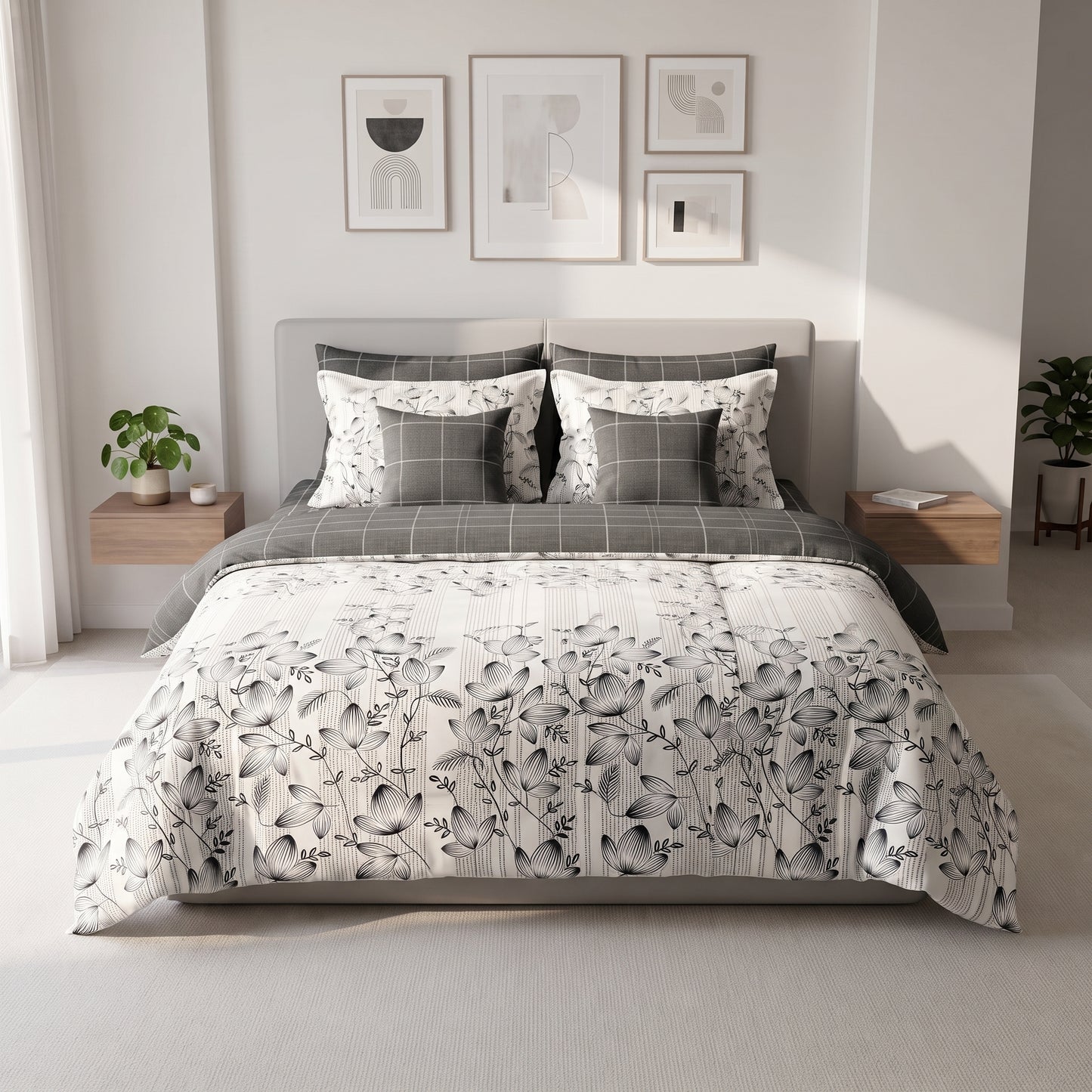 Charcoal Grid & Vine Duvet Cover Set