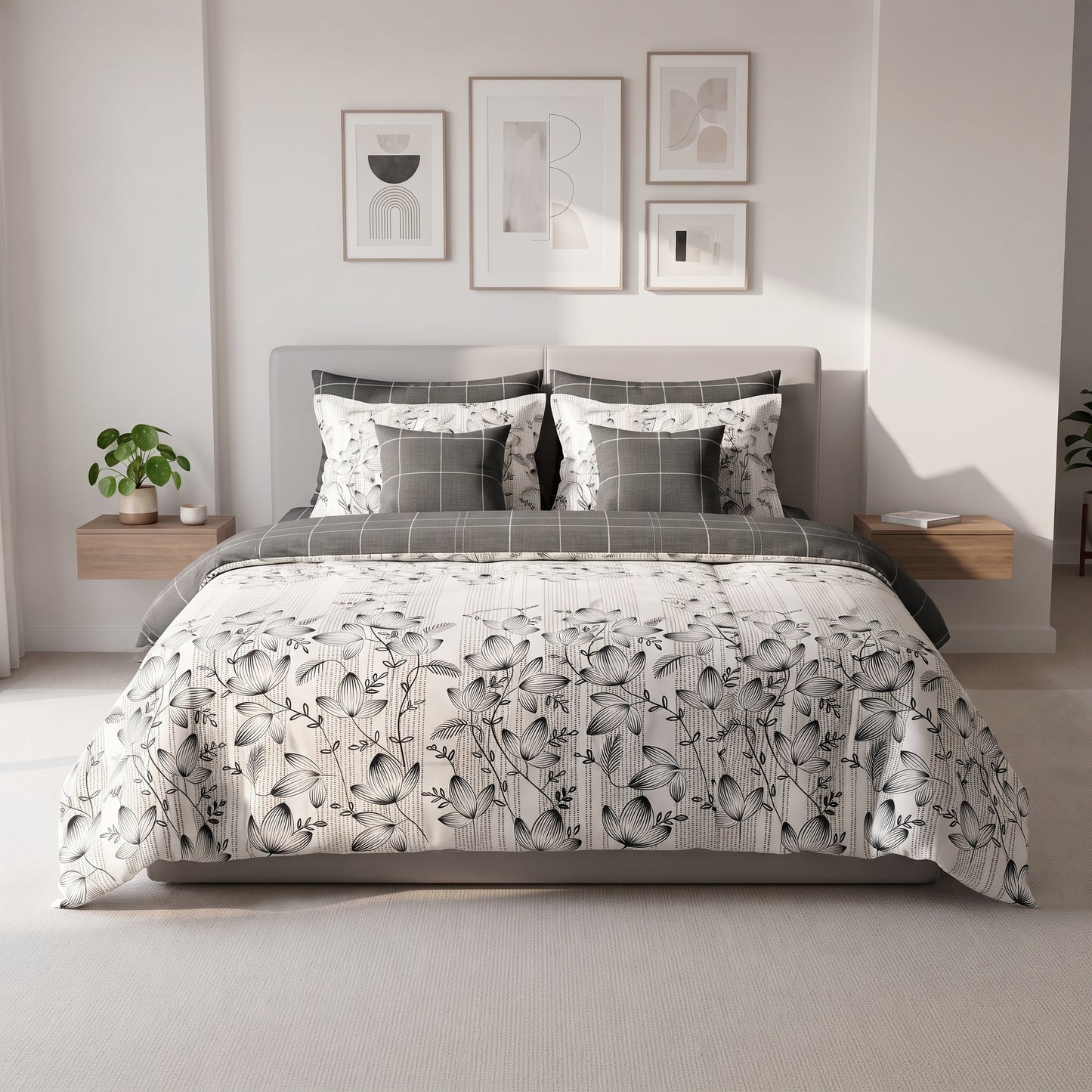 Charcoal Grid & Vine Duvet Cover Set