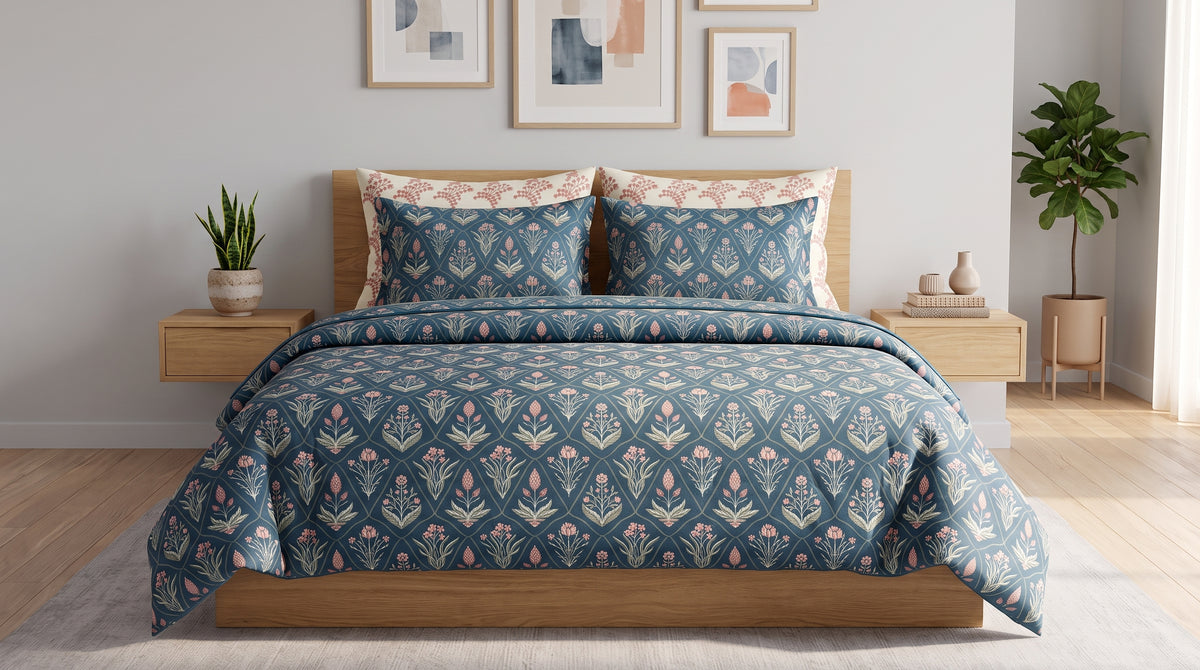 Dusty Blue Flora Duvet Cover Set