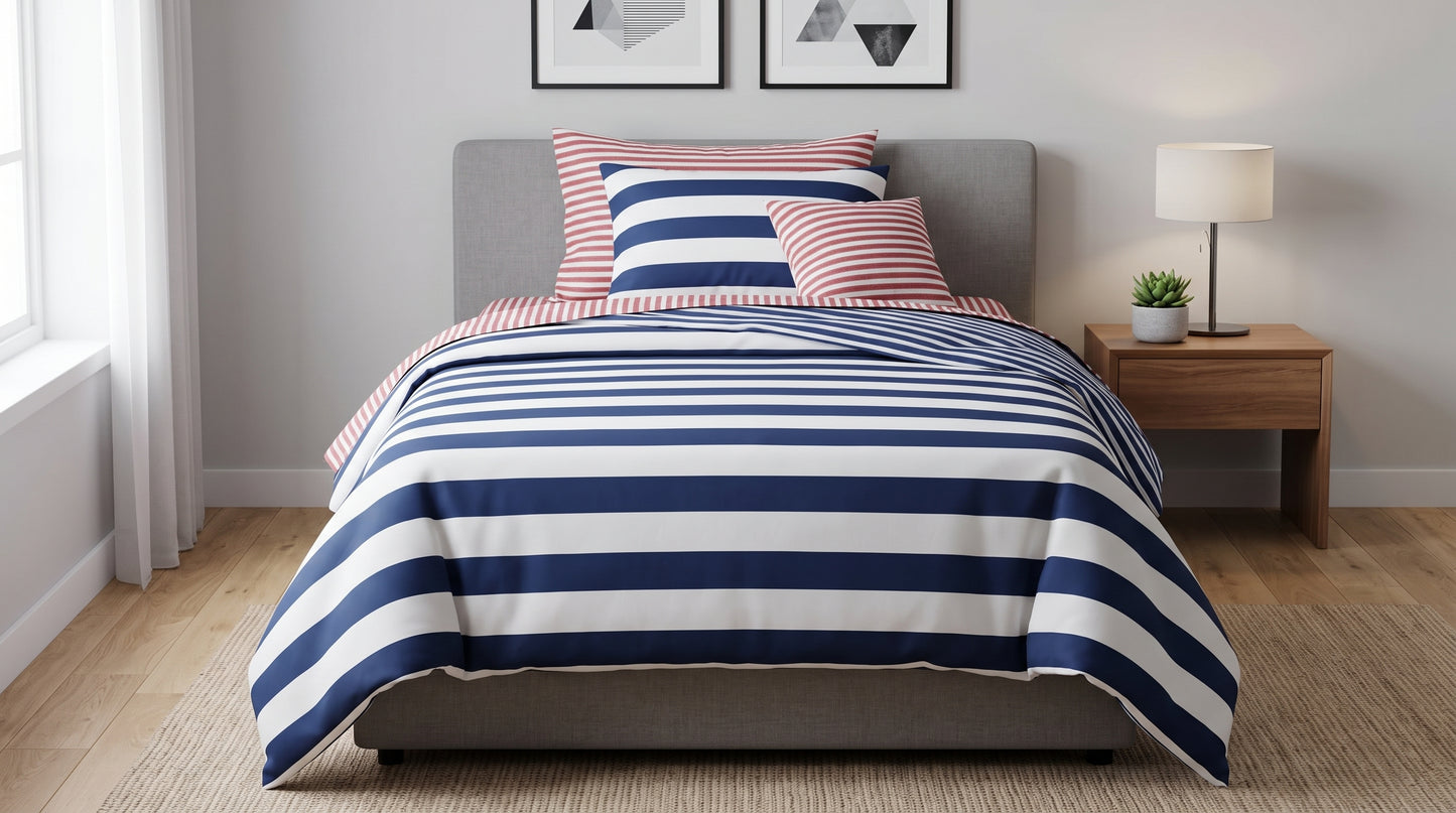 Harbor Blue & Coral Percale Bedding Single Size Set