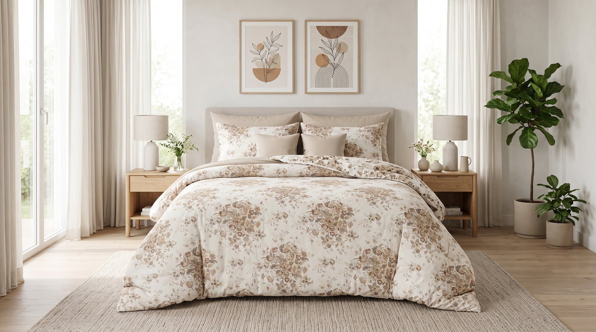 Toffee Bouquet & Beige Comforter Set