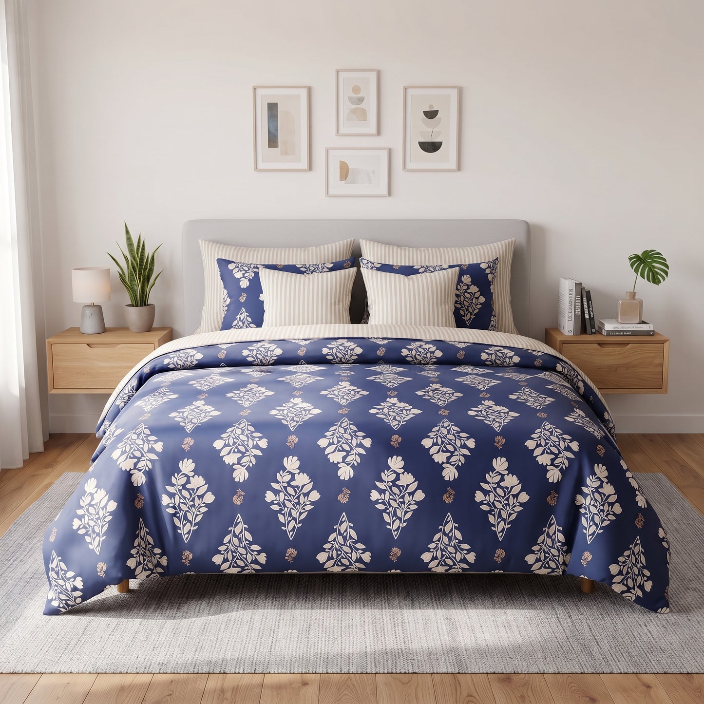 Navy Floral Damask Duvet Cover Set