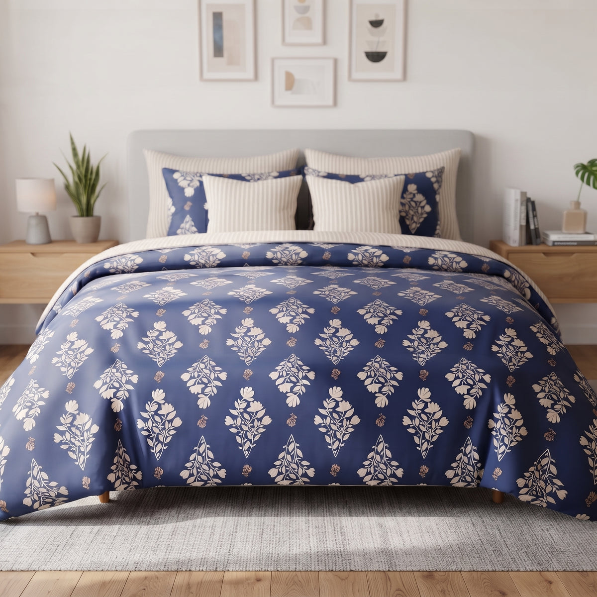 Navy Floral Damask Comforter Set
