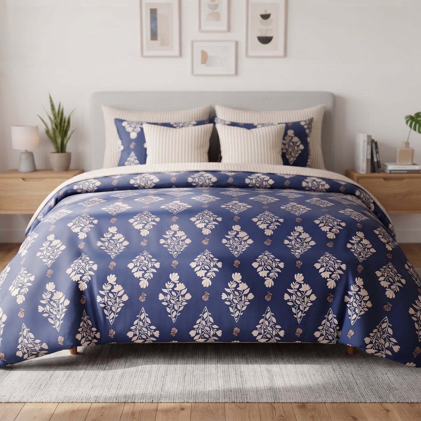 Navy Floral Damask Duvet Cover Set