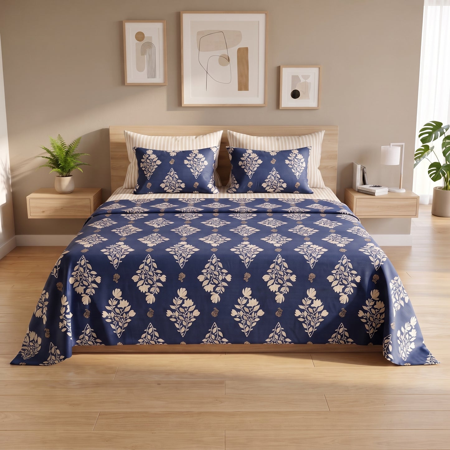 Navy Floral Damask Bed Sheet Set